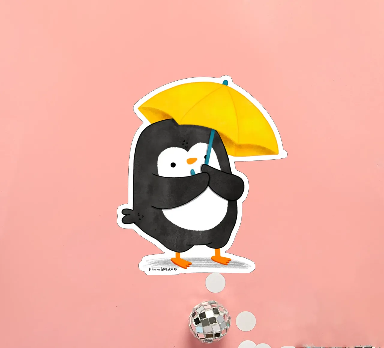 Pingouin avec un parapluie jaune autocollant de julianamotzko