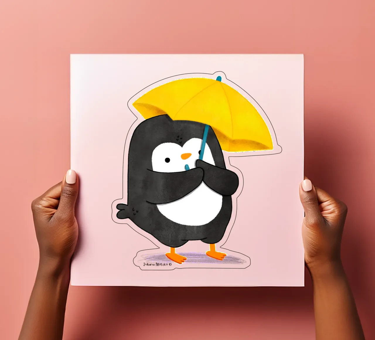 Pingouin avec un parapluie jaune planche autocollant de julianamotzko