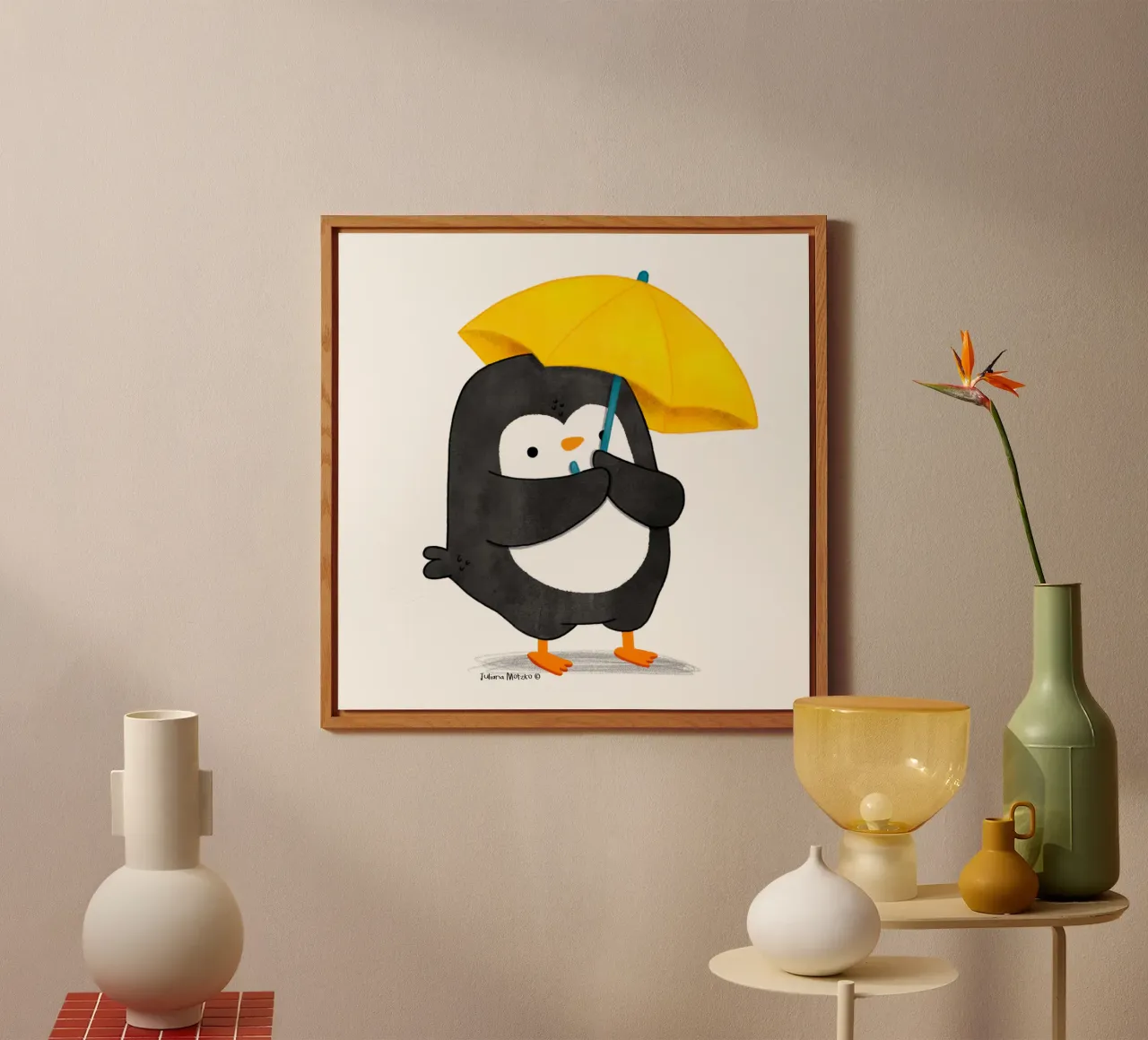 Pinguino con ombrello giallo alluminio dibond da julianamotzko