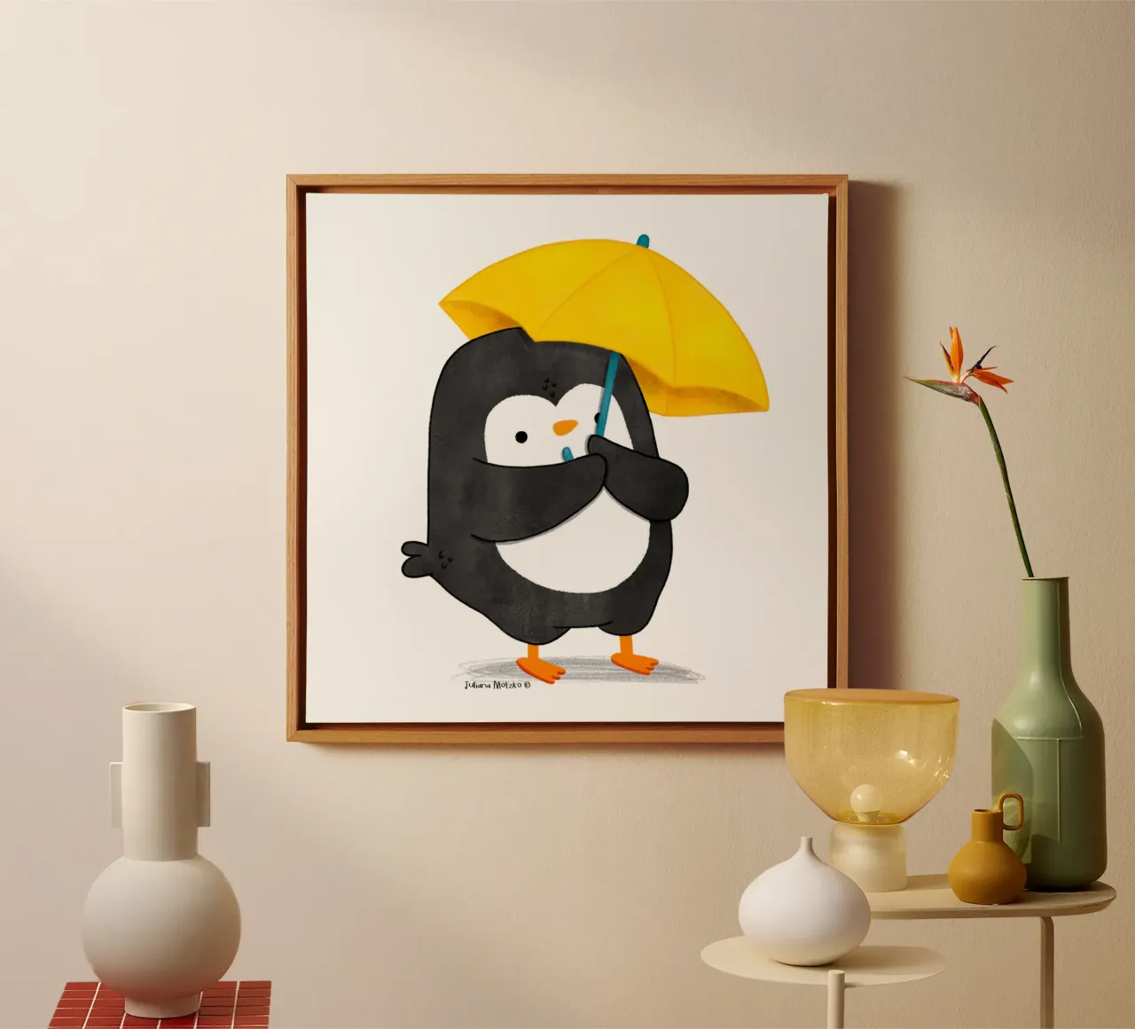 Pinguïn met gele paraplu canvas met Baklijst van julianamotzko