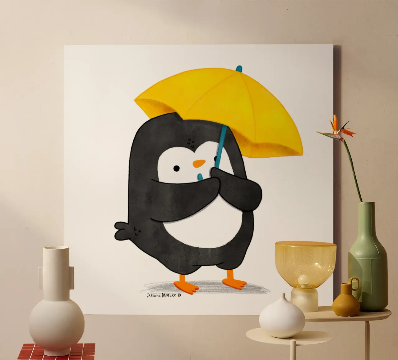 Pinguïn met gele paraplu canvas met Baklijst van julianamotzko