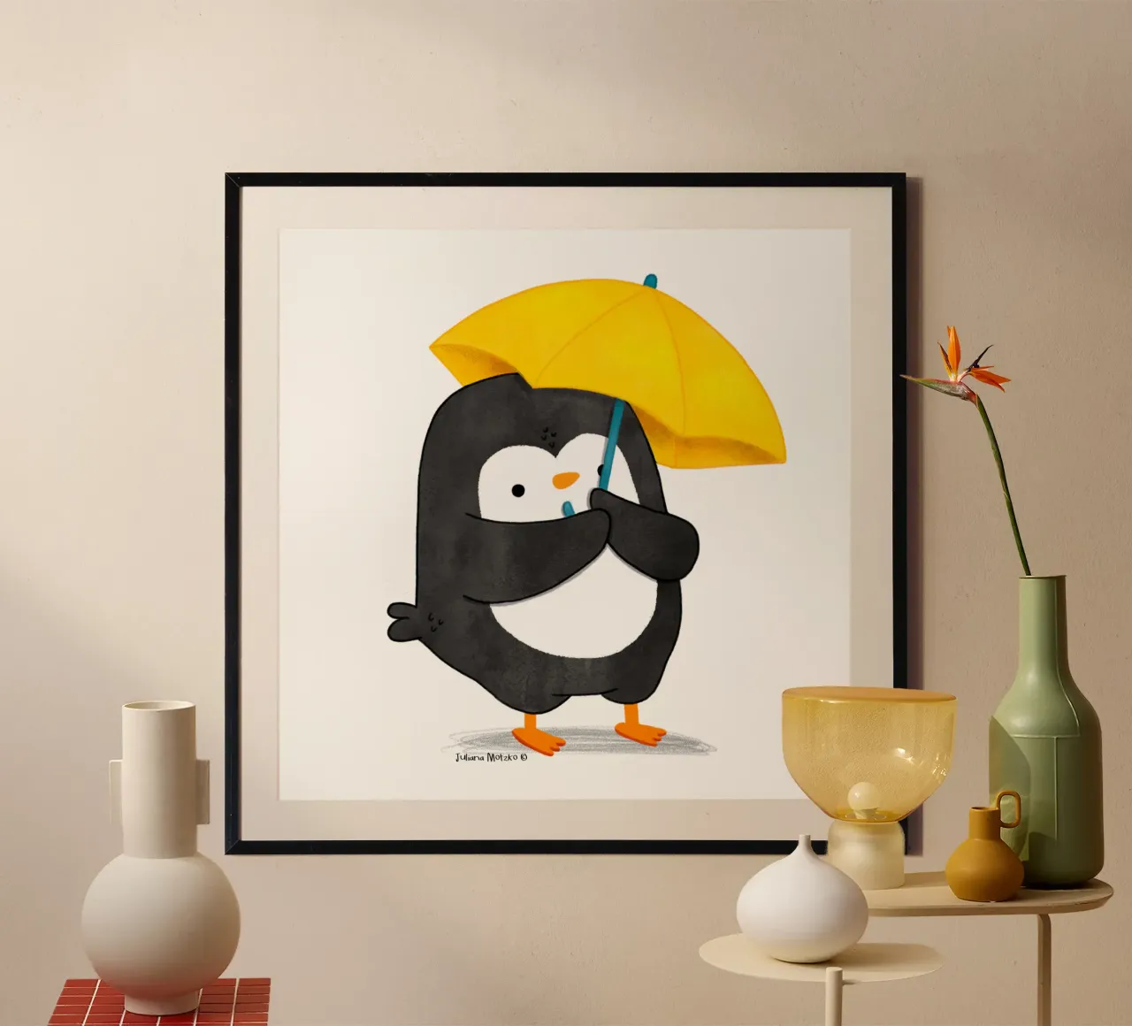 Pingouin avec un parapluie jaune hahnemühle de julianamotzko