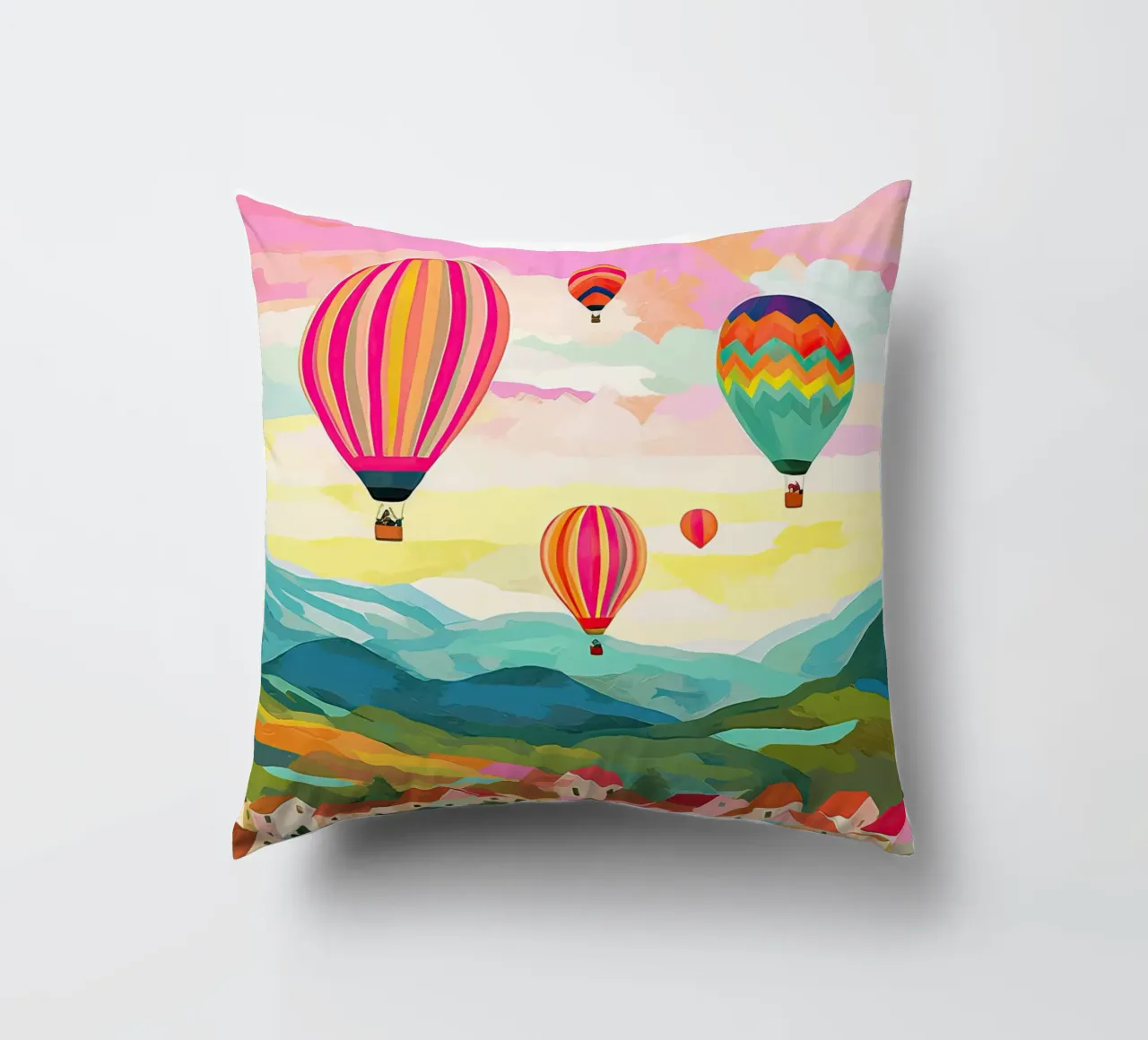 Cappadocia, Turchia, Viaggio con le mongolfiere cuscino da Peaches Art Prints