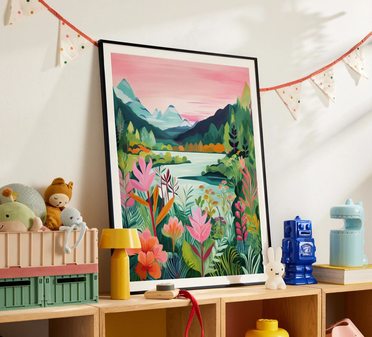 Montañas de ladera, Lago, Arte de viajes poster de Peaches Art Prints