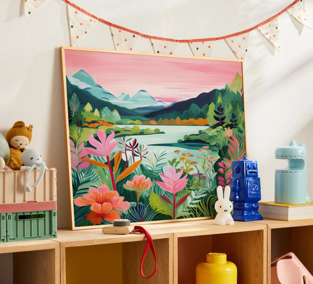 Montañas de ladera, Lago, Arte de viajes poster de Peaches Art Prints