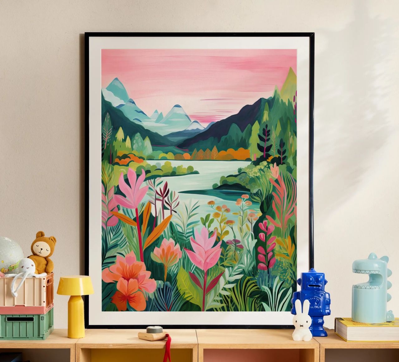 Montañas de ladera, Lago, Arte de viajes poster de Peaches Art Prints