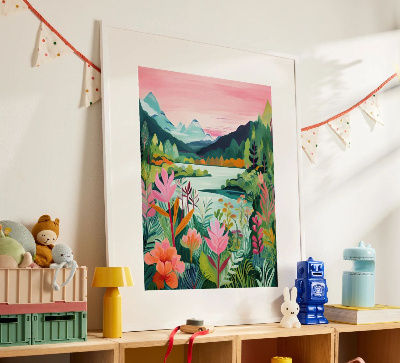 Montañas de ladera, Lago, Arte de viajes poster de Peaches Art Prints