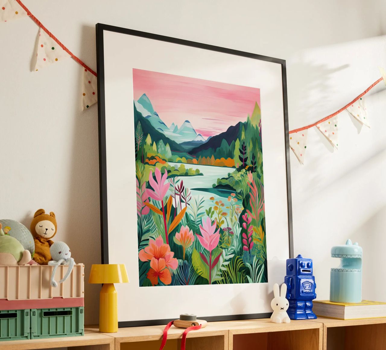 Montañas de ladera, Lago, Arte de viajes poster de Peaches Art Prints