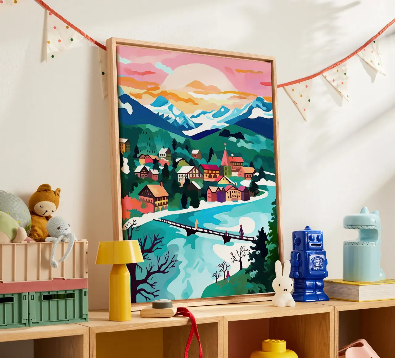 Interlaken, Zwitserland, Bergmeer, Reiskunst canvas met Baklijst van Peaches Art Prints