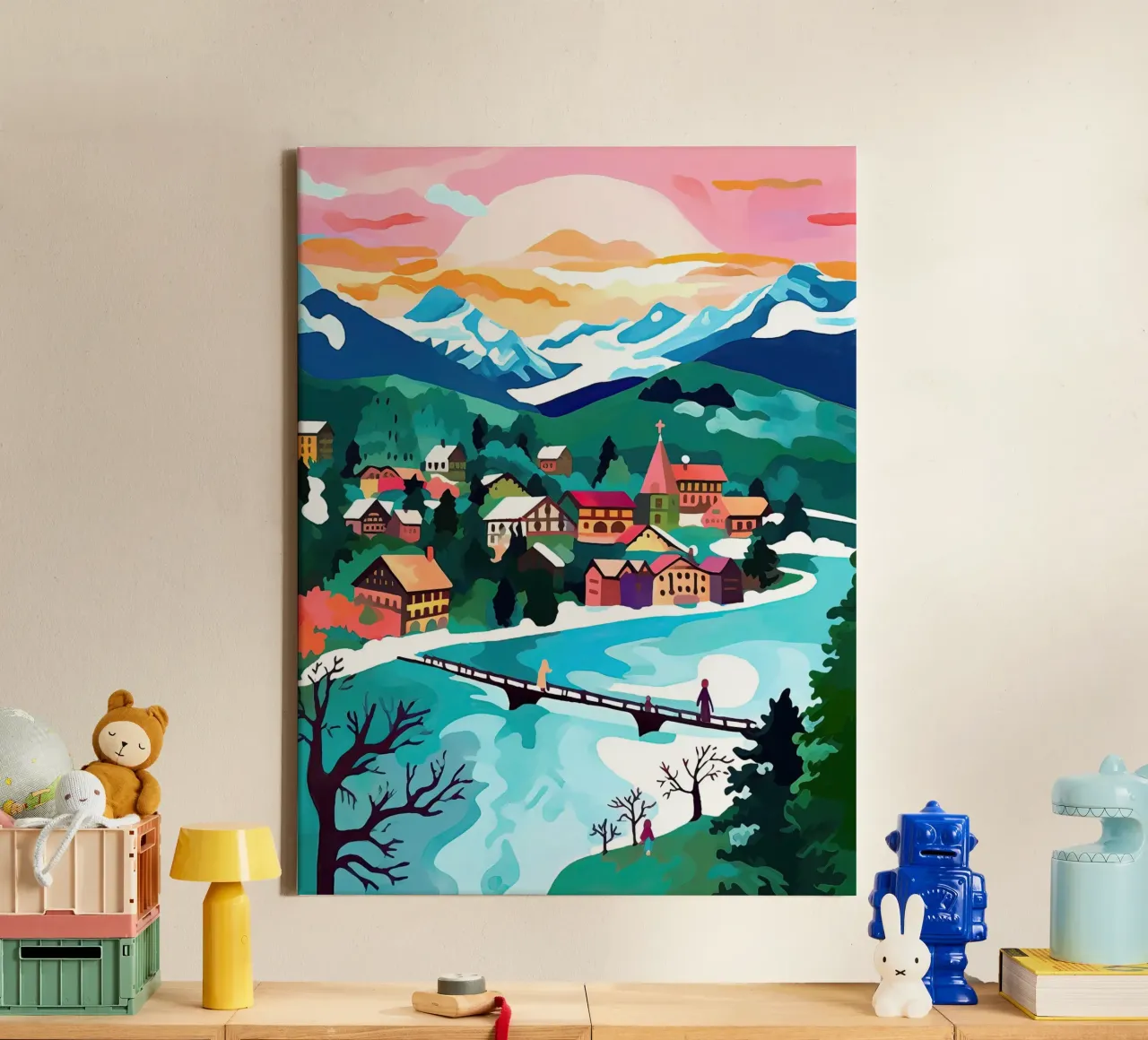 Interlaken, Zwitserland, Bergmeer, Reiskunst canvas met Baklijst van Peaches Art Prints