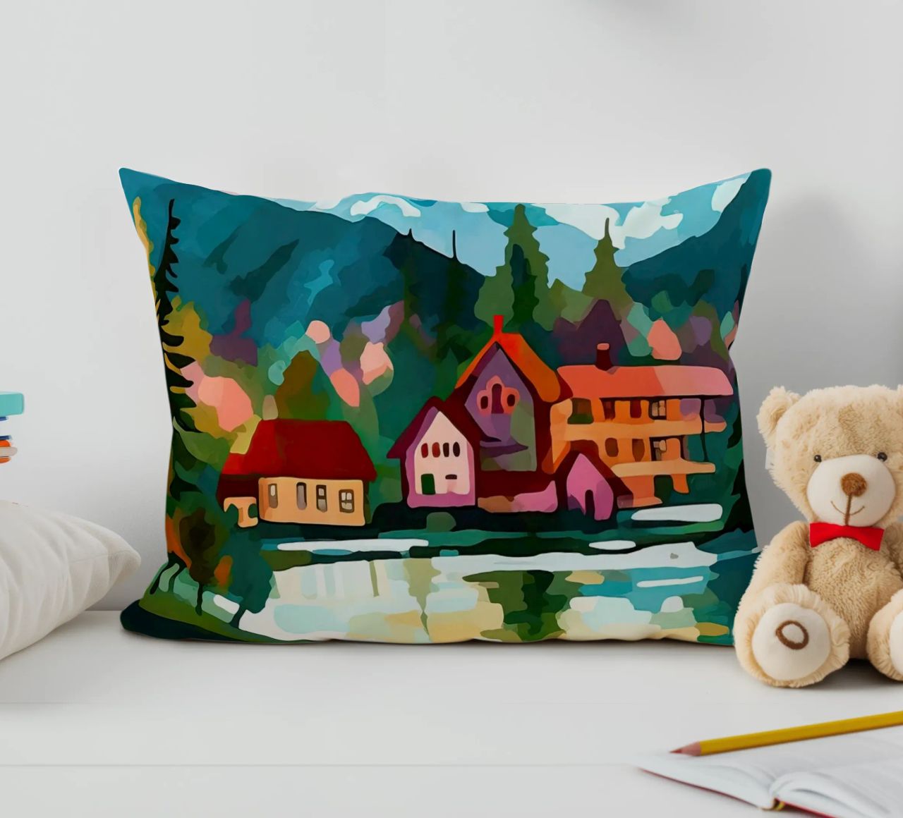 Schweiz, Interlaken, Seekabine Reisekunst Kissen von Peaches Art Prints