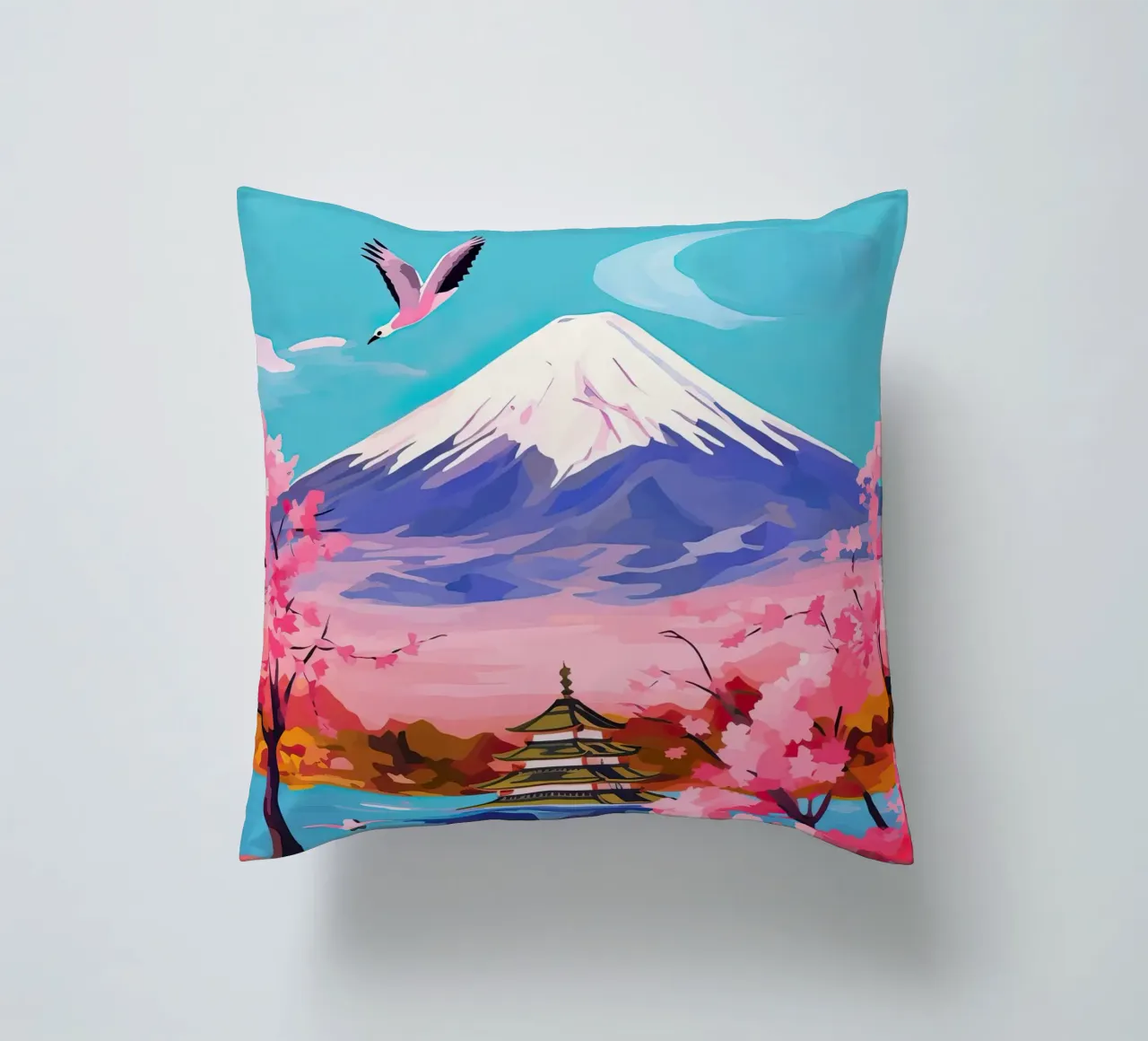 Giappone, Monte Fuji, Ciliegio in fiore, Arte di viaggio cuscino da Peaches Art Prints