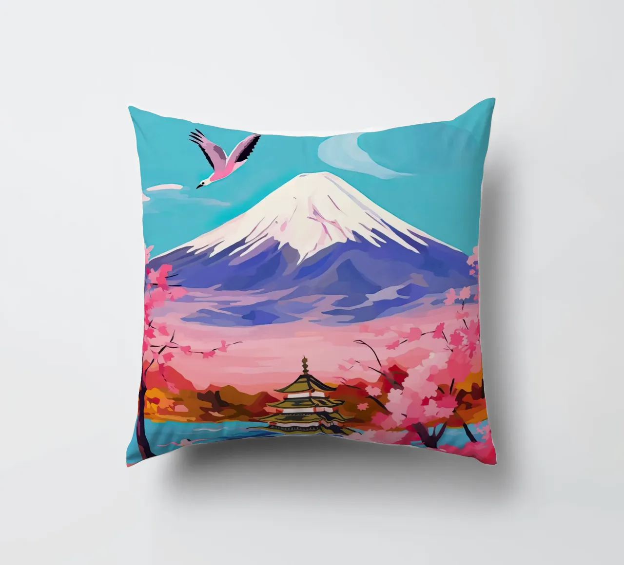 Giappone, Monte Fuji, Ciliegio in fiore, Arte di viaggio cuscino da Peaches Art Prints