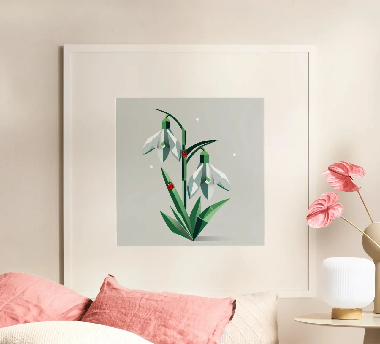 Bucaneve con coccinelle - Arte di primavera poster con telaio in legno da namosh