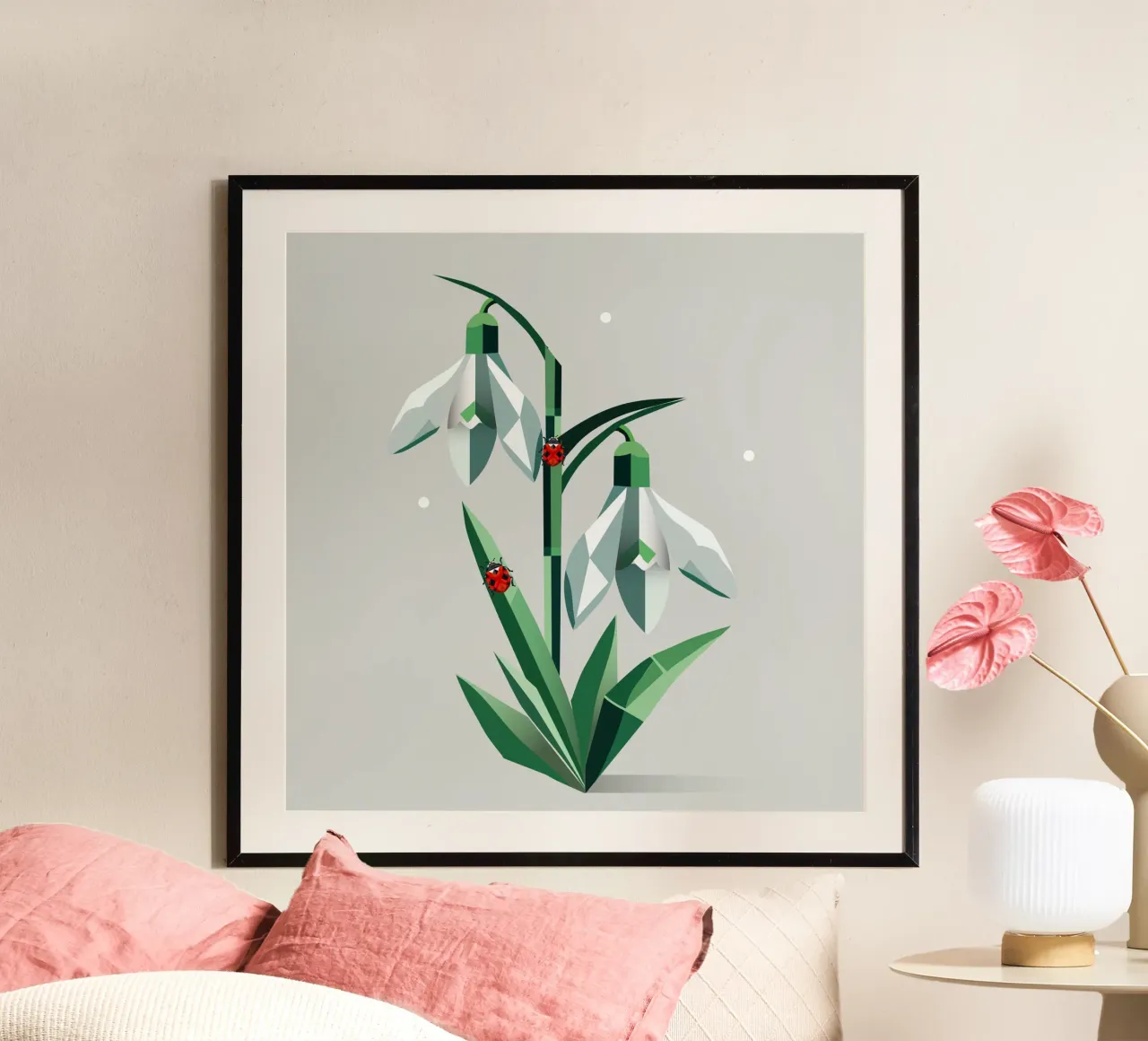 Bucaneve con coccinelle - Arte di primavera poster con telaio in legno da namosh