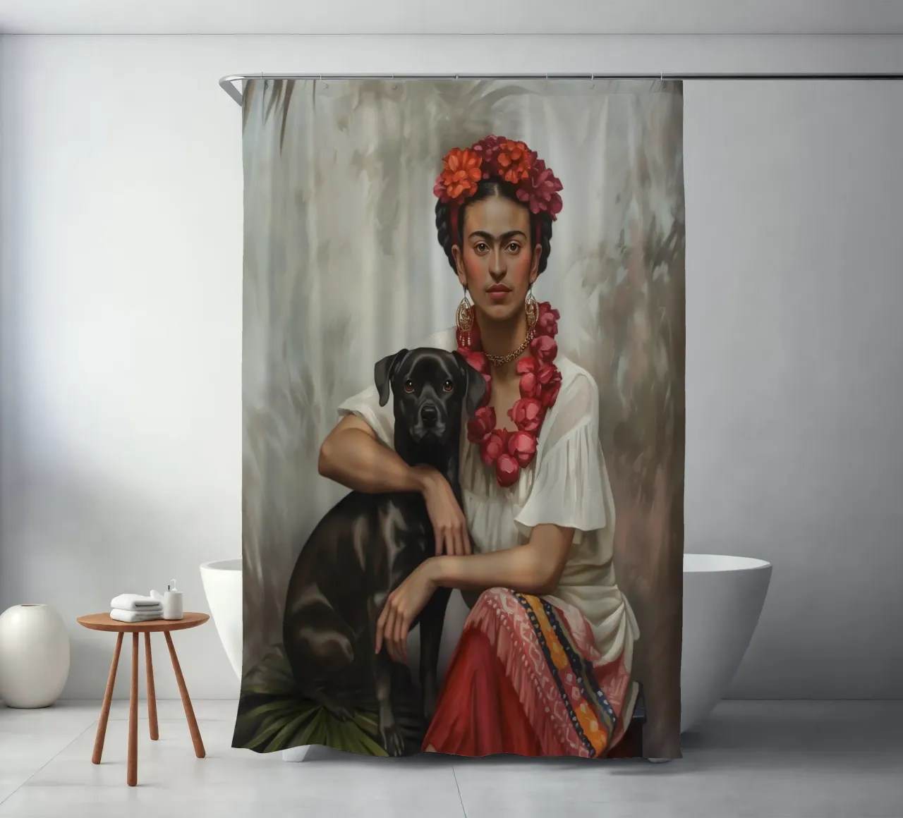 Frida botanica con cane tenda da doccia da Carinaprint