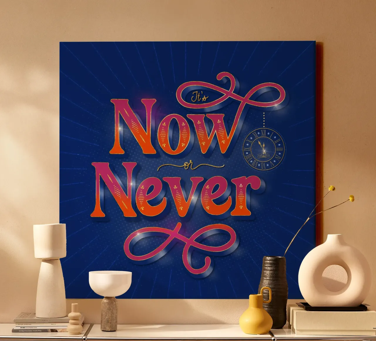 Nu of nooit. Handlettering. Motivatiespruch. Typo Fans canvas met Baklijst van CalliLetters