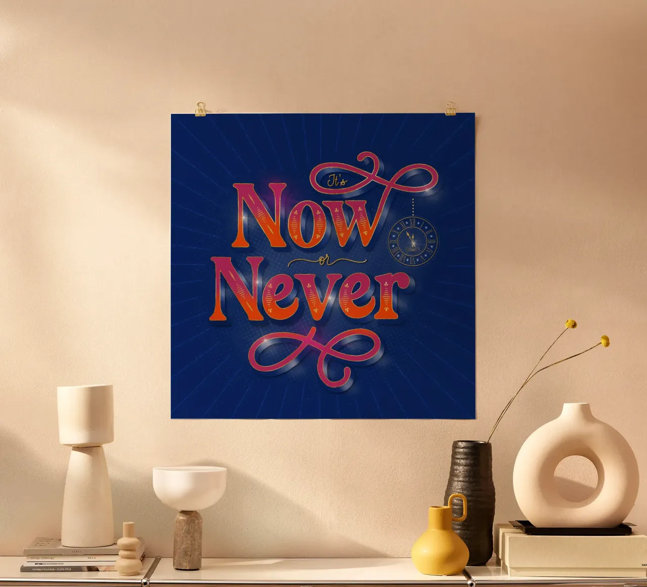 Ora o mai più. Letteratura a mano. Motivationsspruch. Fan di Typo poster con telaio in legno da CalliLetters