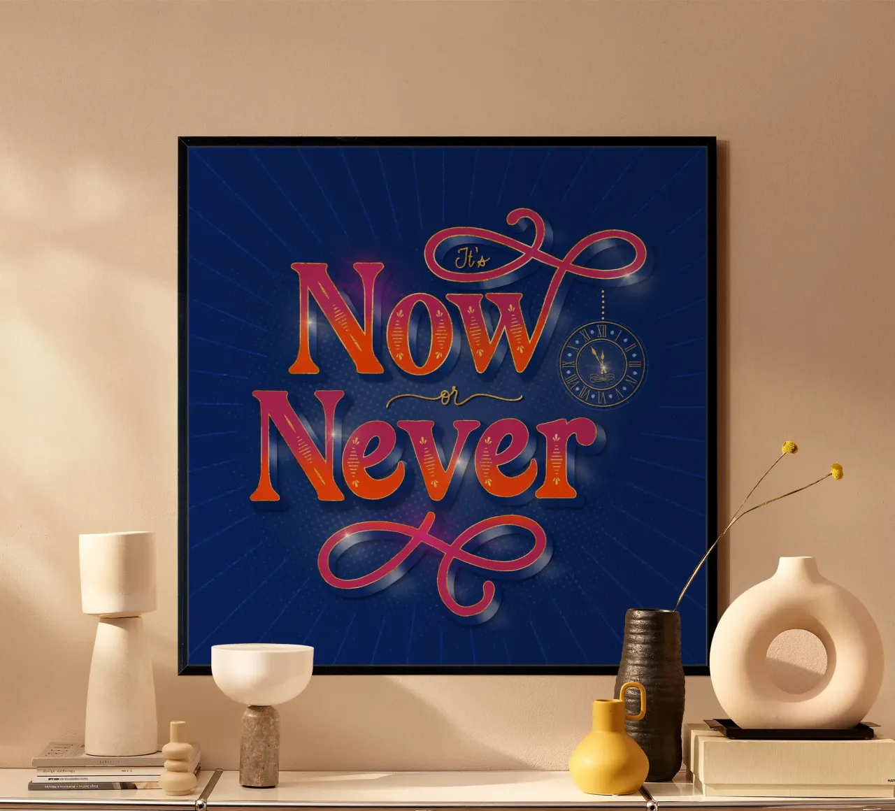 Ora o mai più. Letteratura a mano. Motivationsspruch. Fan di Typo poster con telaio in legno da CalliLetters
