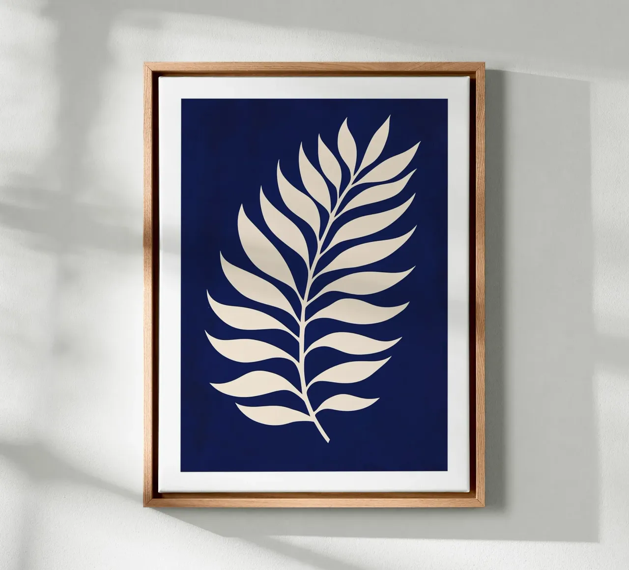 Abstract leaf on blue background canvas with Floater frame by DWA