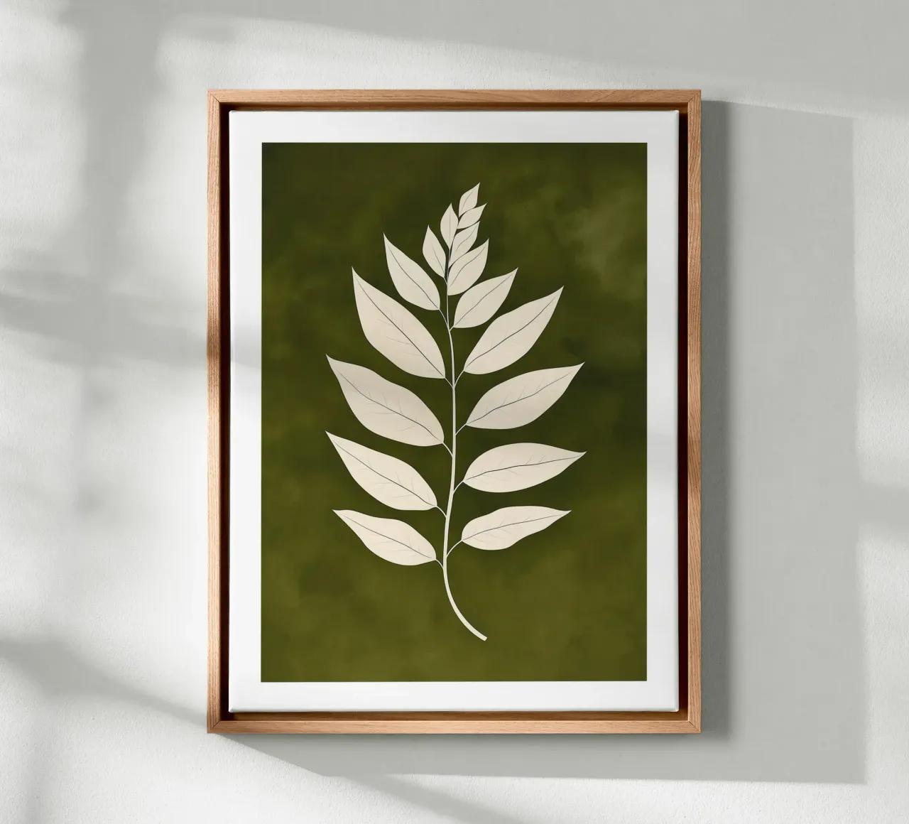 Elegant leaves on a green background canvas with Floater frame by DWA