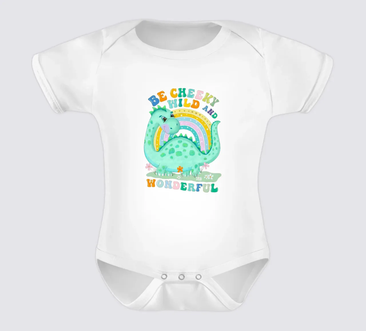 Be Cheeky, Wild and Wonderful. Süßer Dinosaurier, Regenbogen Kurzarm Babybody von CalliLetters