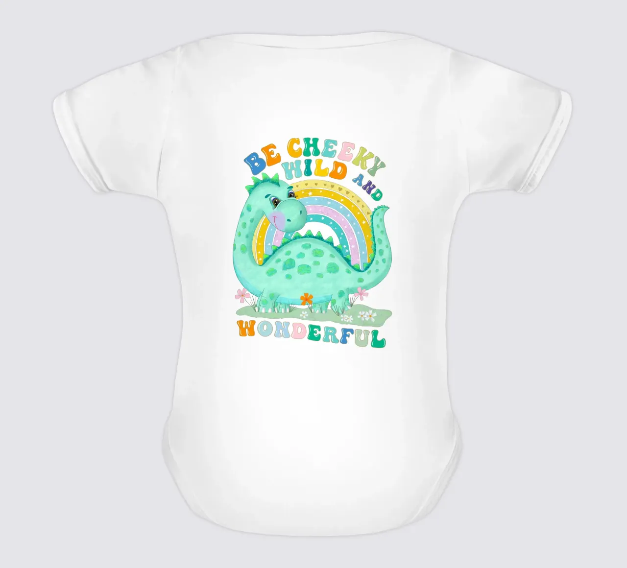 Be Cheeky, Wild and Wonderful. Süßer Dinosaurier, Regenbogen Kurzarm Babybody von CalliLetters
