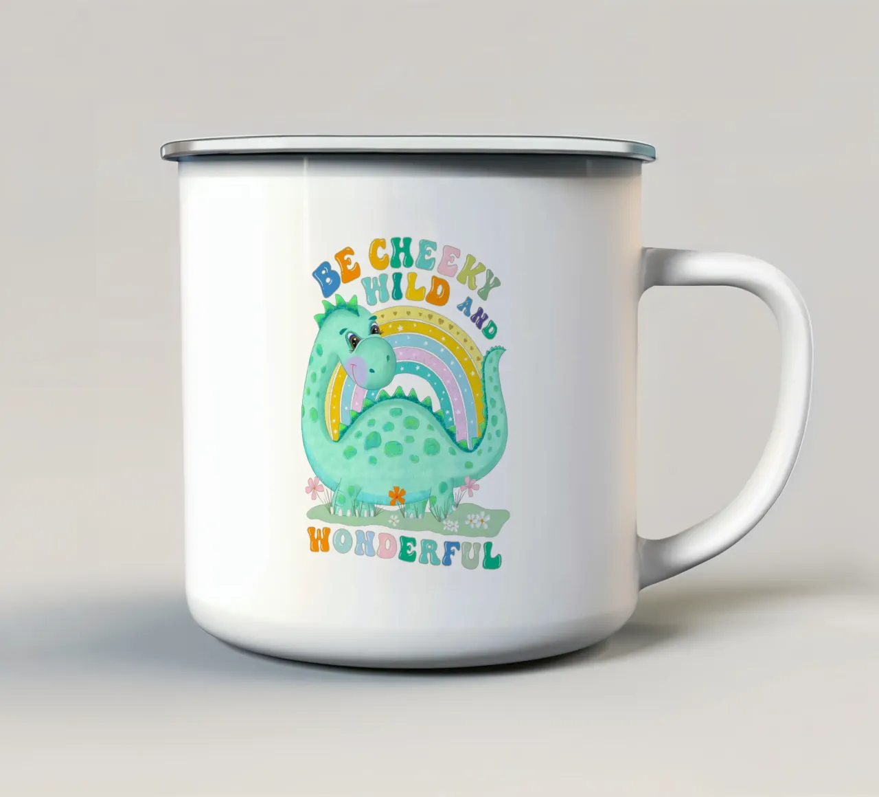 Siate sfacciati, selvaggi e meravigliosi. Dinosauro carino, arcobaleno tazza in smalto da CalliLetters