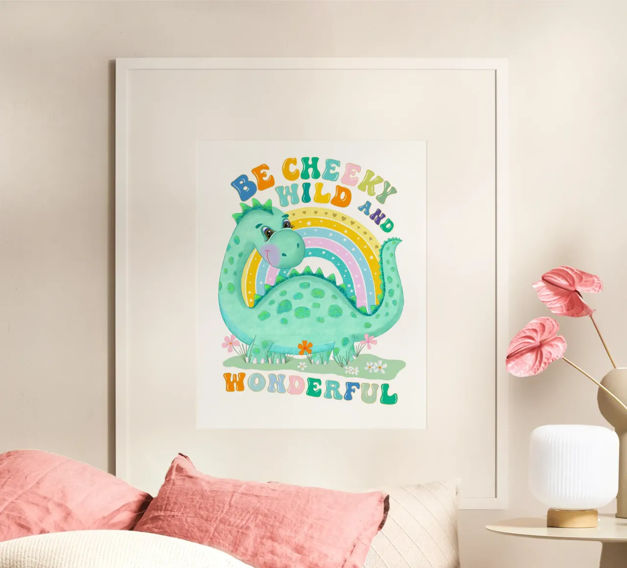 Be Cheeky, Wild and Wonderful. Süßer Dinosaurier, Regenbogen Hahnemühle von CalliLetters