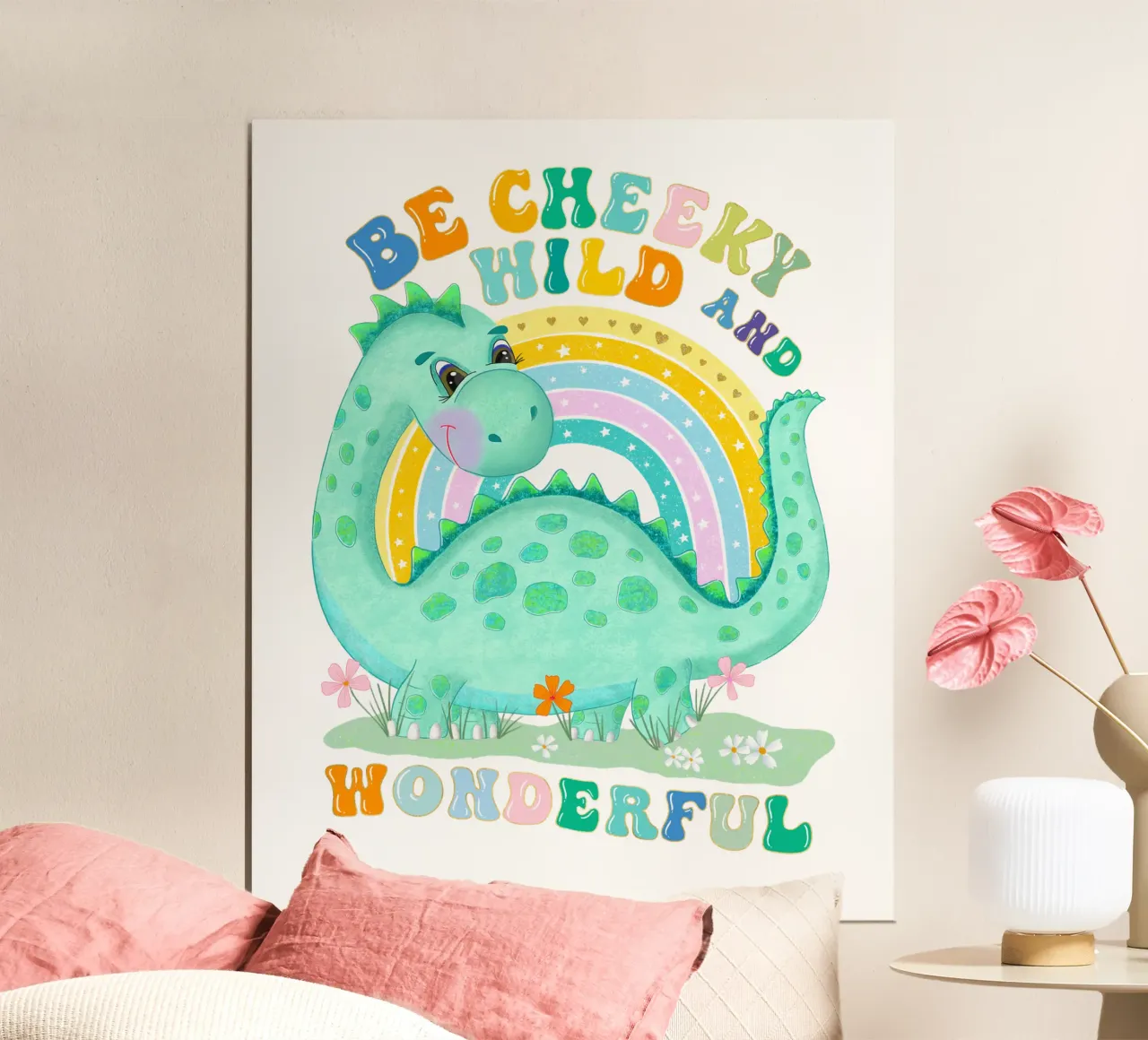 Be Cheeky, Wild and Wonderful. Süßer Dinosaurier, Regenbogen Hahnemühle von CalliLetters