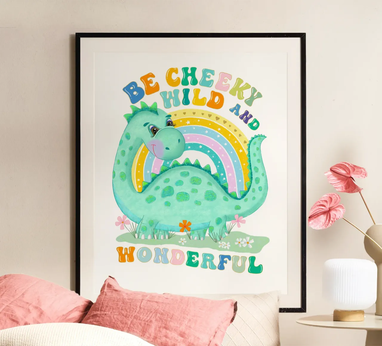 Be Cheeky, Wild and Wonderful. Süßer Dinosaurier, Regenbogen Hahnemühle von CalliLetters