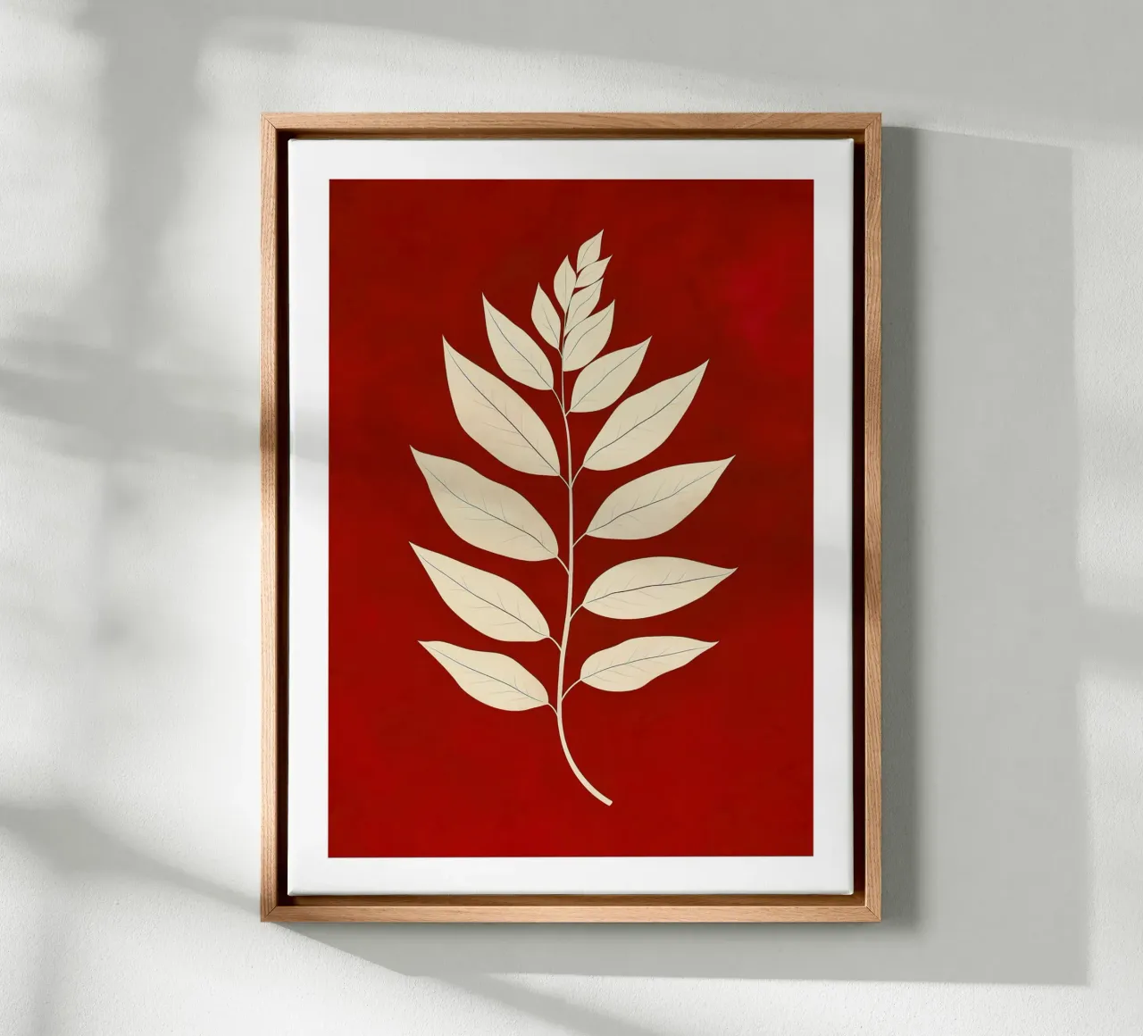 Elegant leaves on a red background canvas with Floater frame by DWA
