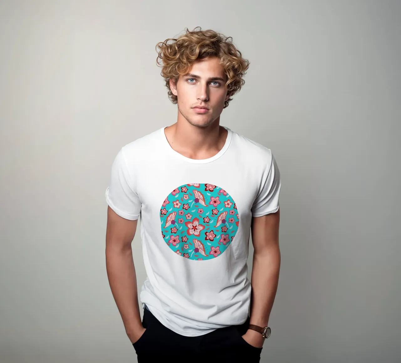Floral pattern on turquoise in the colours of summer. Hot vibes. t-shirt by CalliLetters