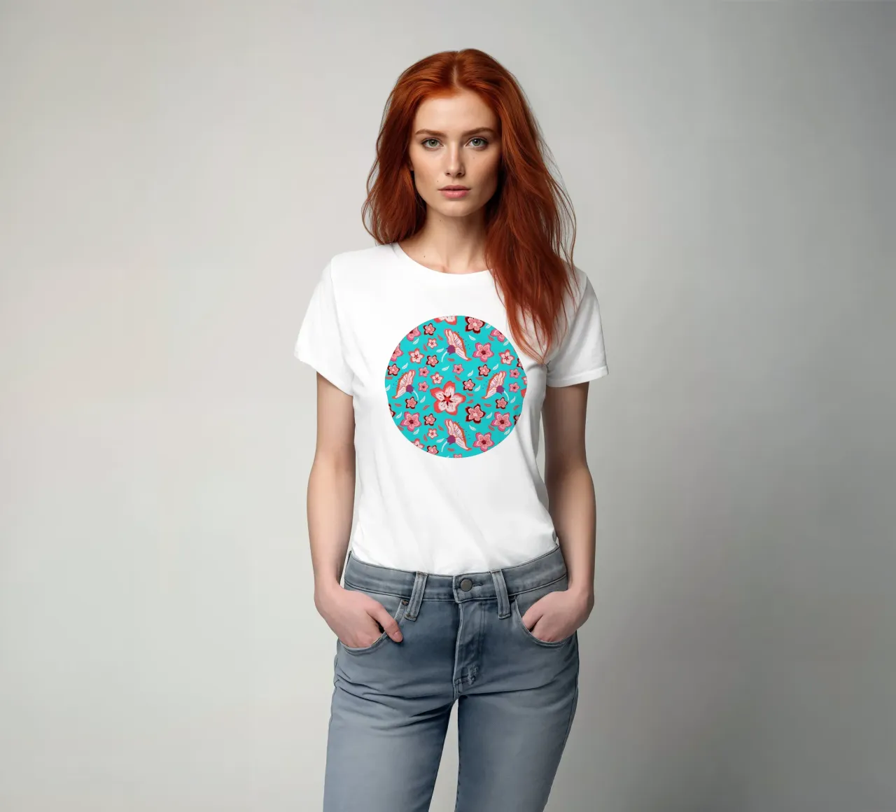 Floral pattern on turquoise in the colours of summer. Hot vibes. t-shirt by CalliLetters