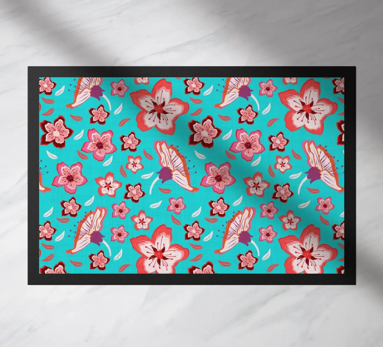 Floral pattern on turquoise in the colours of summer. Hot vibes. doormat by CalliLetters