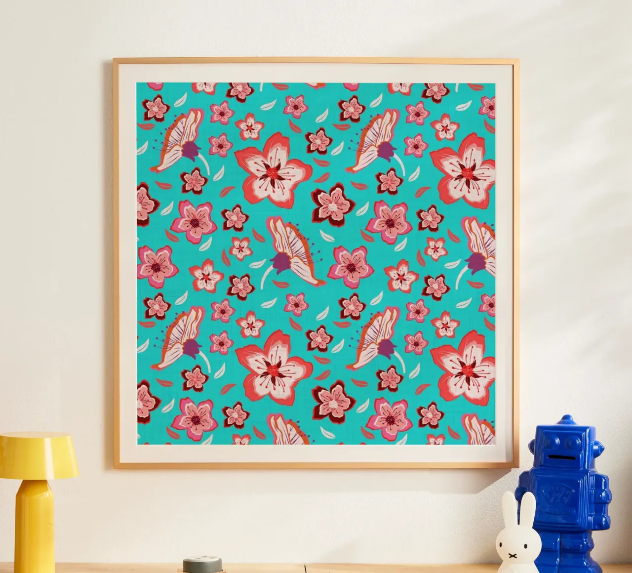 Floral pattern on turquoise in the colours of summer. Hot vibes. poster by CalliLetters