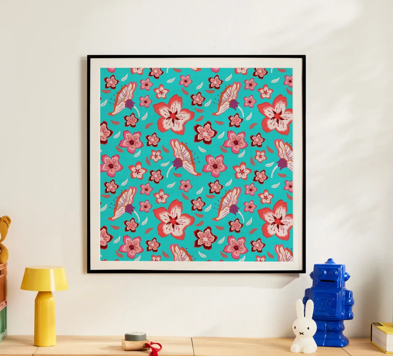 Floral pattern on turquoise in the colours of summer. Hot vibes. poster by CalliLetters