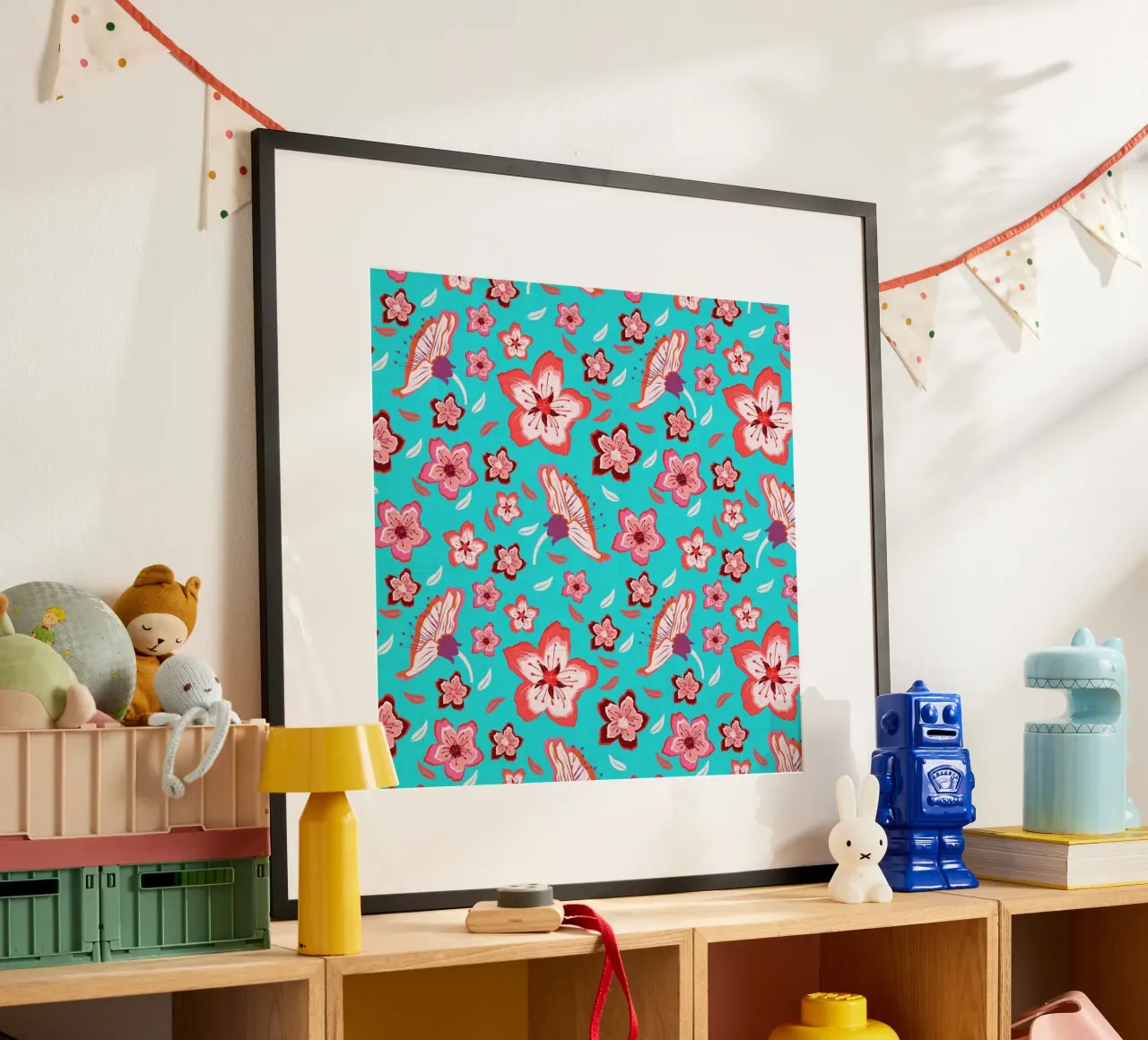 Floral pattern on turquoise in the colours of summer. Hot vibes. poster by CalliLetters