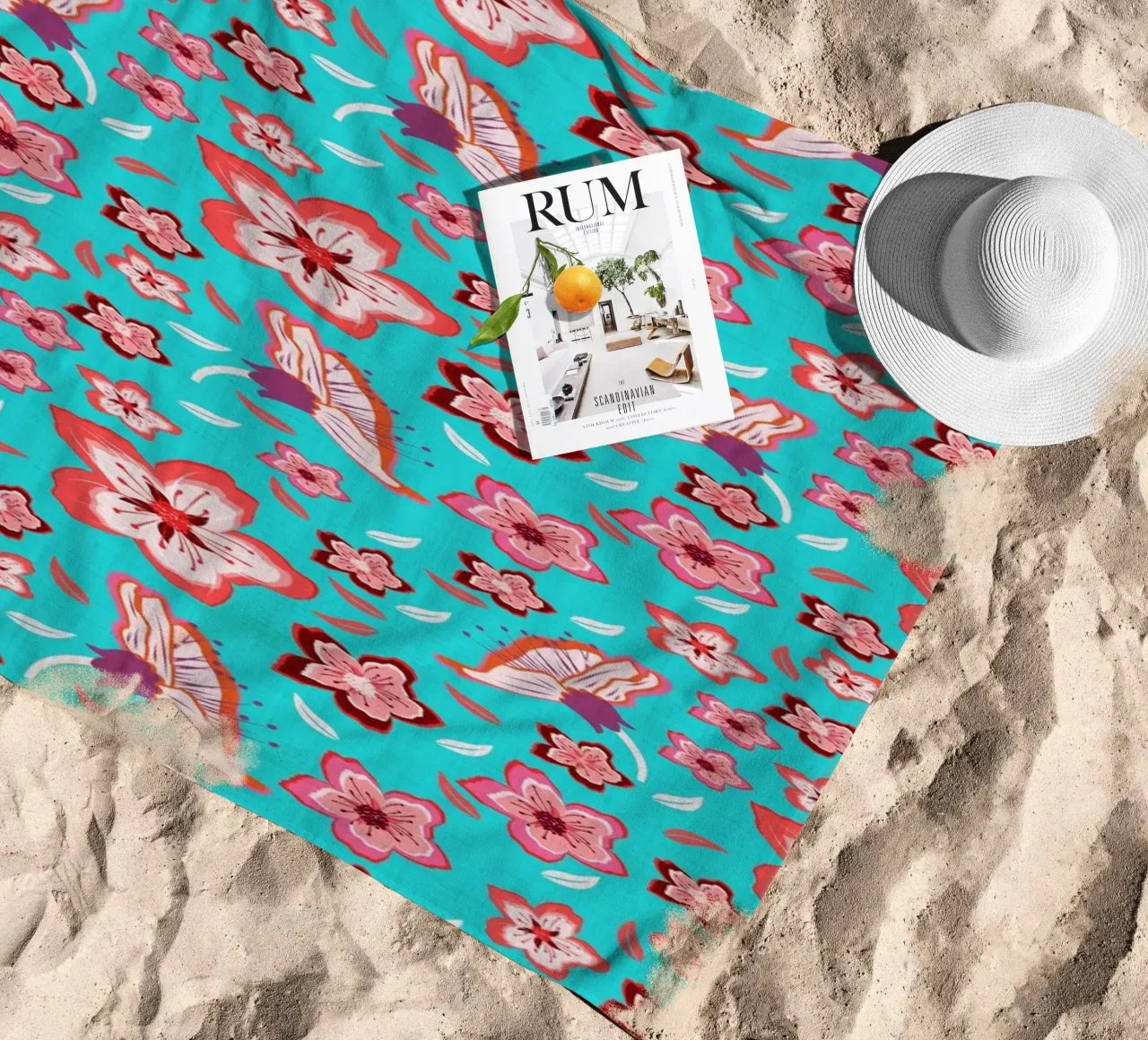 Floral pattern on turquoise in the colours of summer. Hot vibes. beach towel by CalliLetters