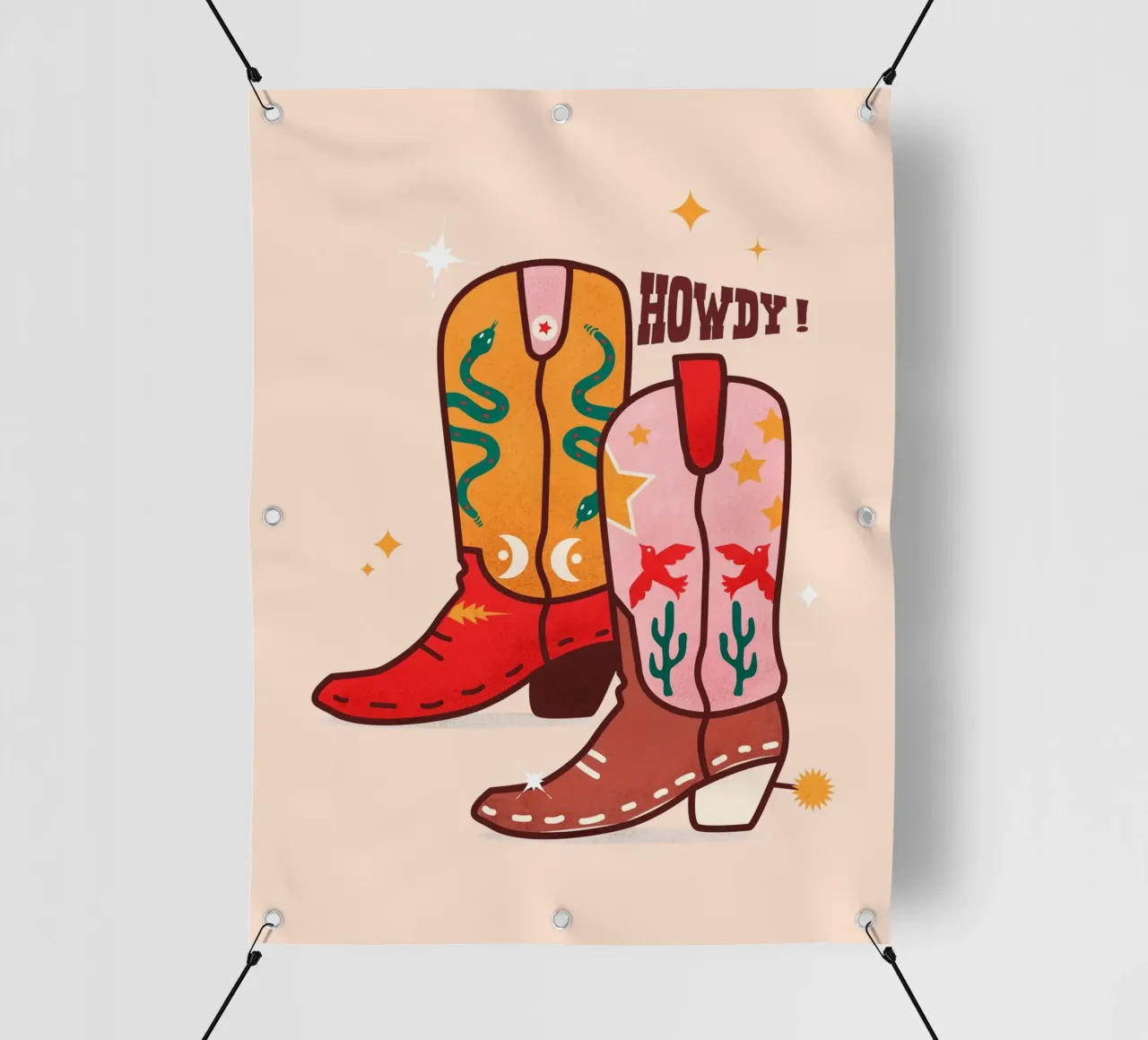Howdy Western Cowboy Boots Playful Folk Art Print telo in pvc da showmemars