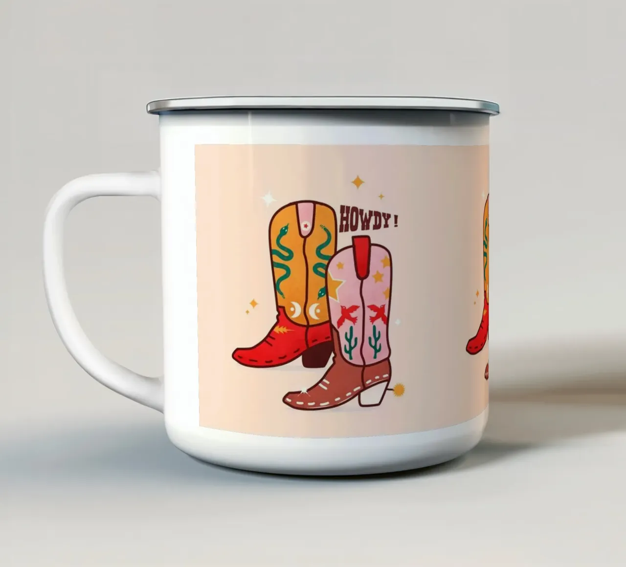 Howdy Western Cowboy Boots Playful Folk Art Print tazza in smalto da showmemars