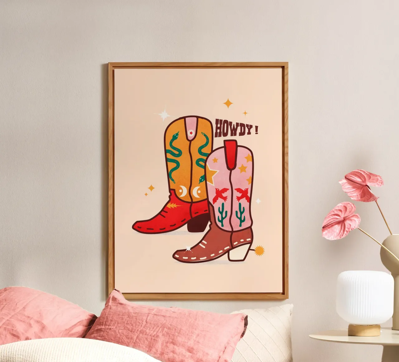 Howdy Western Cowboy Boots Playful Folk Art Print alluminio dibond da showmemars
