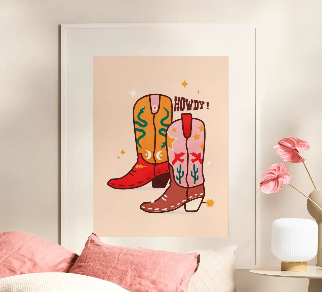 Howdy Western Cowboy Boots Playful Folk Art Print poster con telaio in plastica da showmemars