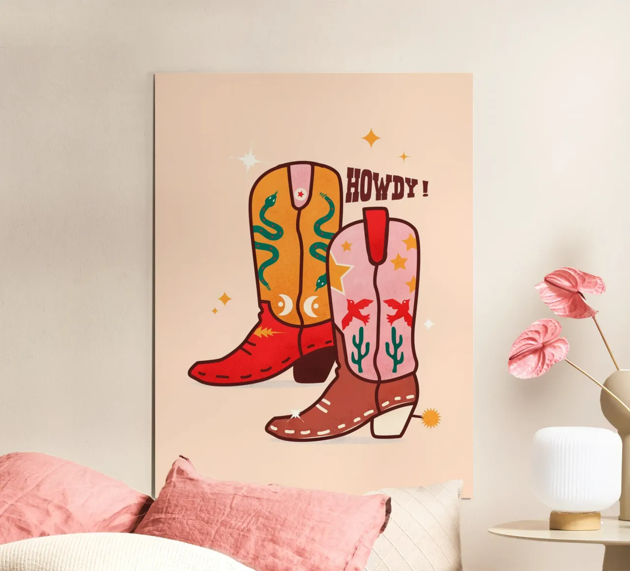 Howdy Western Cowboy Boots Playful Folk Art Print poster con telaio in plastica da showmemars