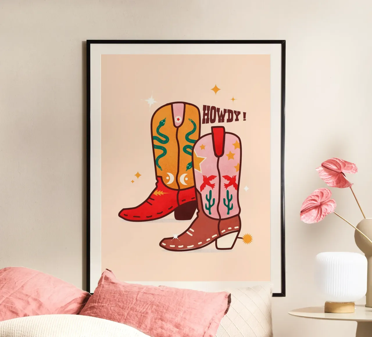 Howdy Western Cowboy Boots Playful Folk Art Print poster con telaio in plastica da showmemars