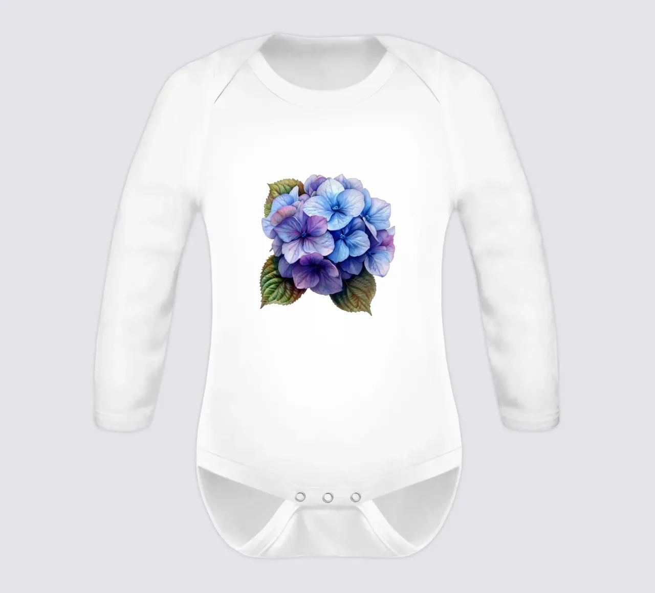 Hydrangea Flower 3 long-sleeve baby romper by Bold Blooms