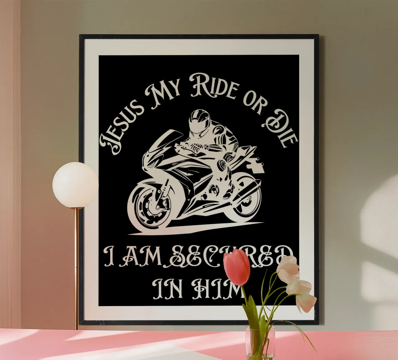 GESÙ IL MIO PASSAGGIO O LA MIA MORTE SONO SICURO IN LUI MOSTRA E PROMUOVI LA FEDE poster con telaio in plastica da Lionandlamb