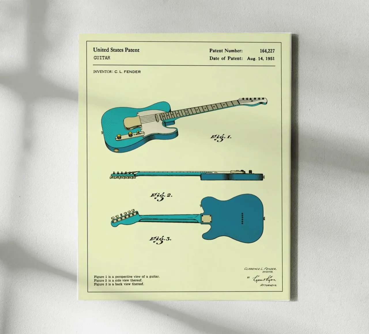 Gitaar octrooi (1951) canvas met Baklijst van Jazzberry Blue