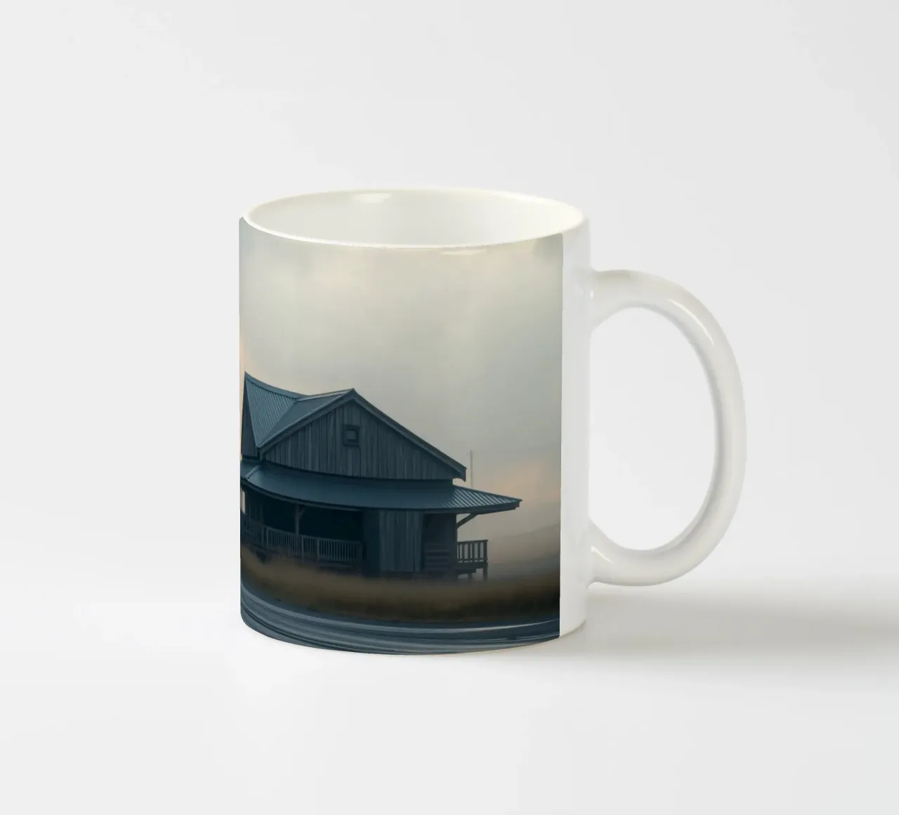 Strada di campagna bagnata dalla pioggia con case rustiche sotto un cielo lunatico tazza in ceramica da DesignDoodle