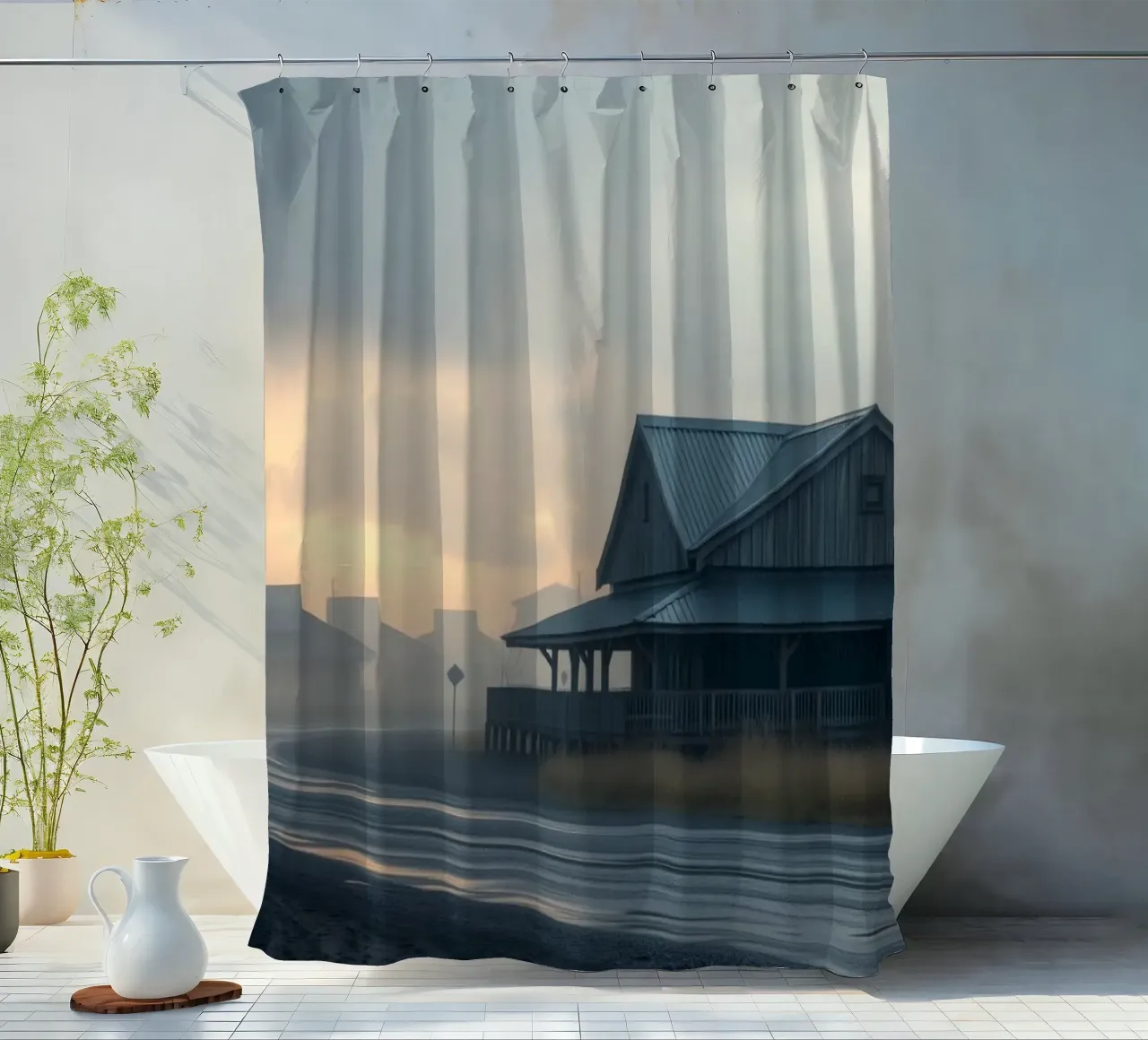 Strada di campagna bagnata dalla pioggia con case rustiche sotto un cielo lunatico tenda da doccia da DesignDoodle